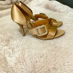 Badgley Mischka Gold Satin and Leather Sole Heels